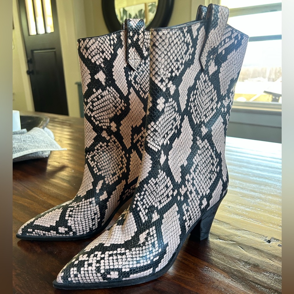Aquazzura Snake-Print Pointed Toe Ankle Boots in Black and Blush